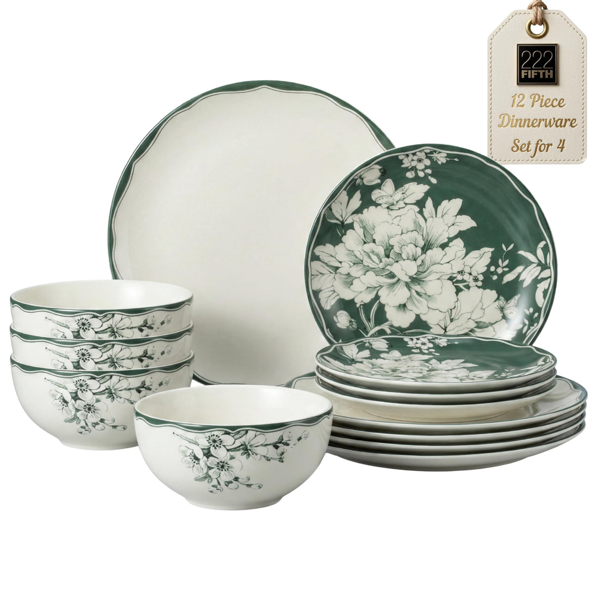 12-Piece Porcelain Dinnerware Set for 4, White & Sage Green Plates and Bowls Set D2707