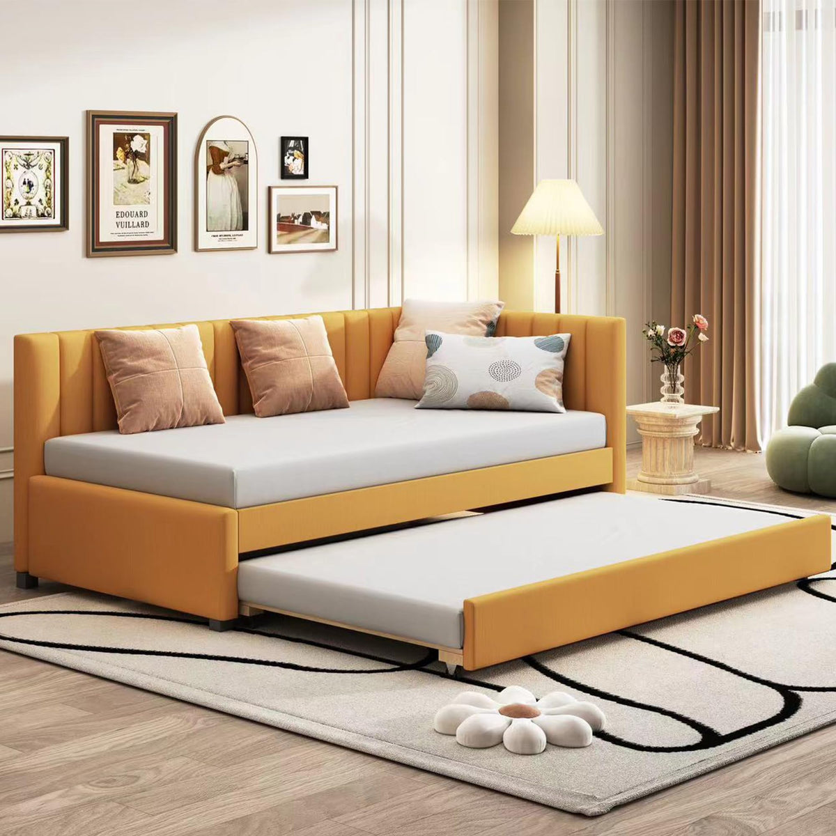 Twin Size Linen Upholstered Daybed with Trundle M1242