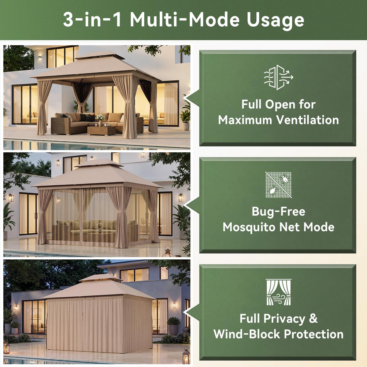 12'x10' Outdoor Gazebo with Curtain & Mosquito Netting, Beige O53584