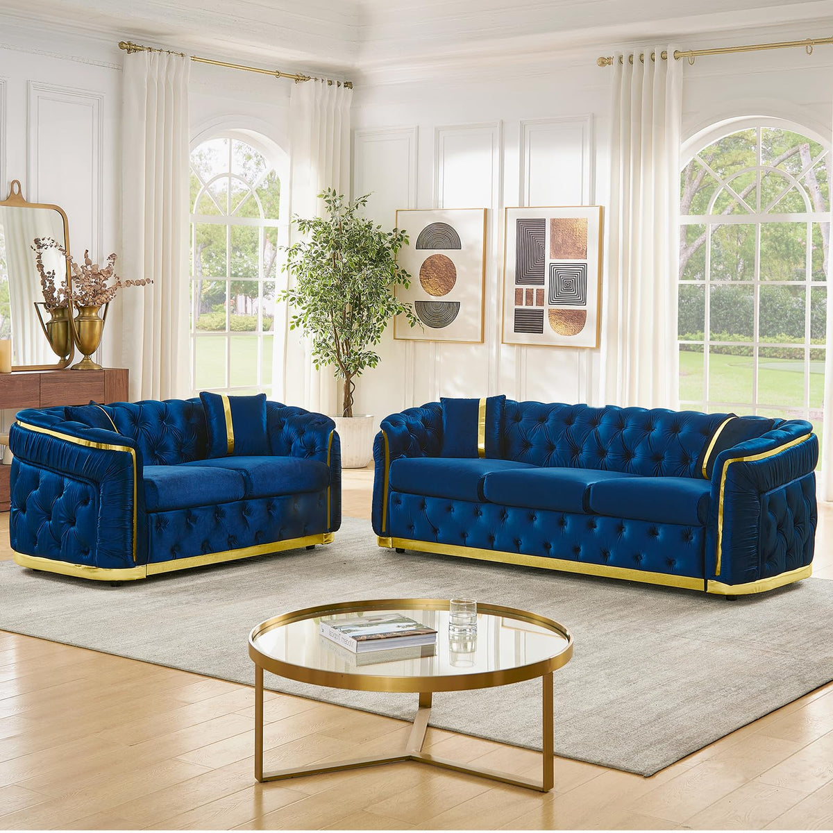Navy Blue and Gold Velvet Sofa and Loveseat Set with 4 Pillows N27722