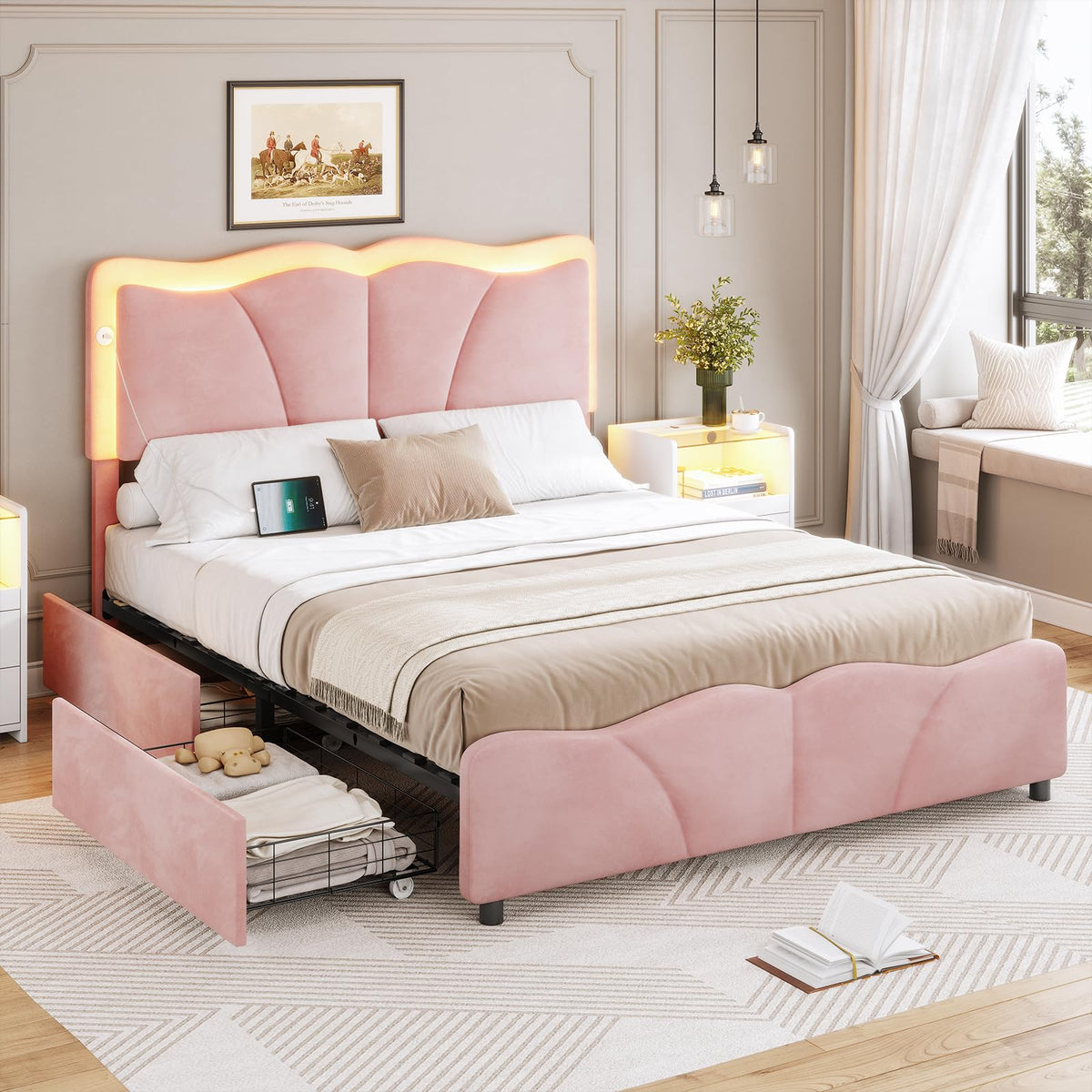 Pink Velvet Upholstered Platform Bed Frame with 4 Storage Drawers I798