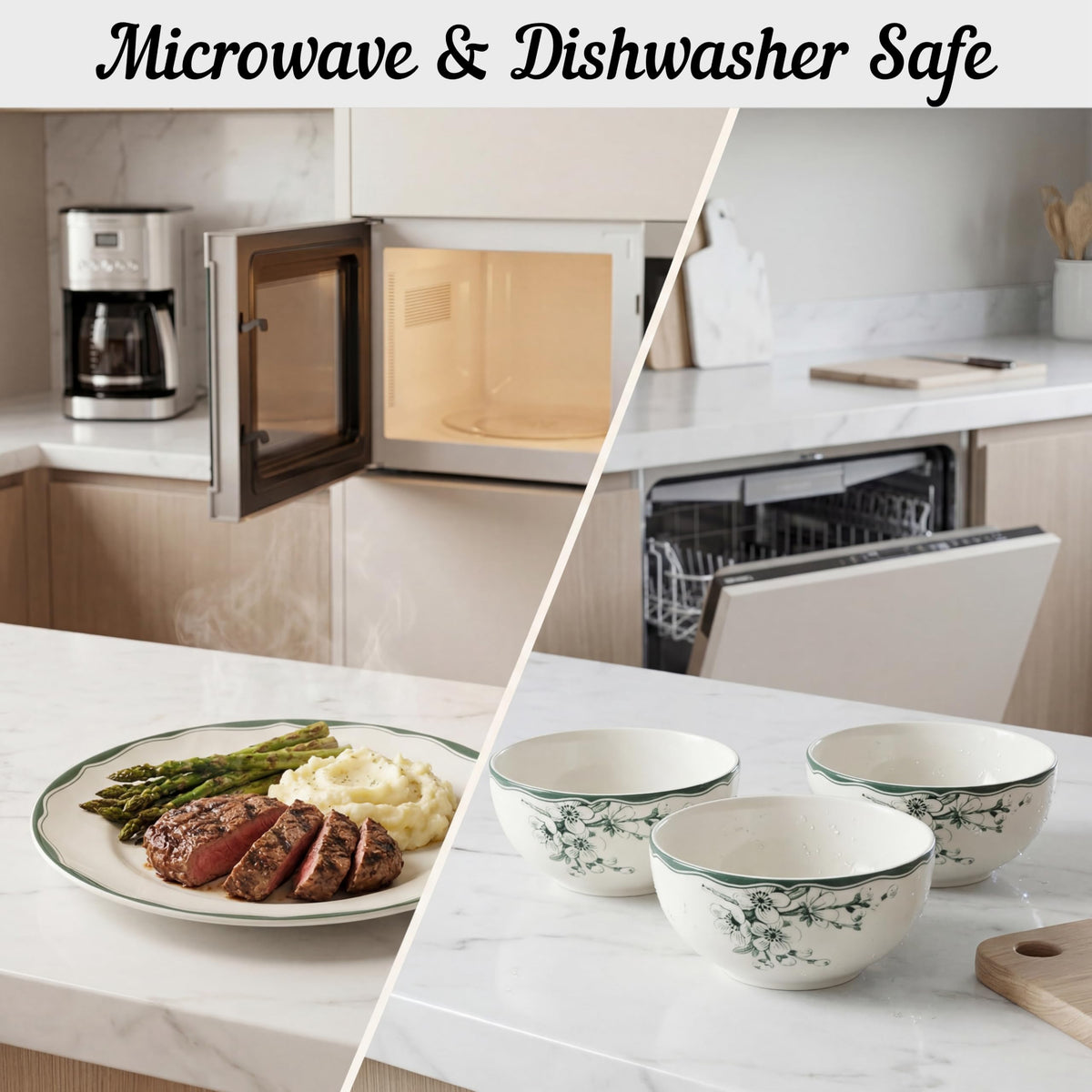 12-Piece Porcelain Dinnerware Set for 4, White & Sage Green Plates and Bowls Set D2707