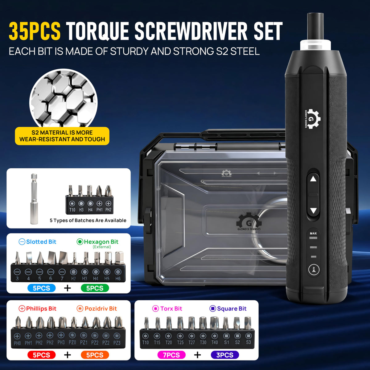 4V Electric Torque Screwdriver Set with 35 Magnetic Bits and Storage Box N151