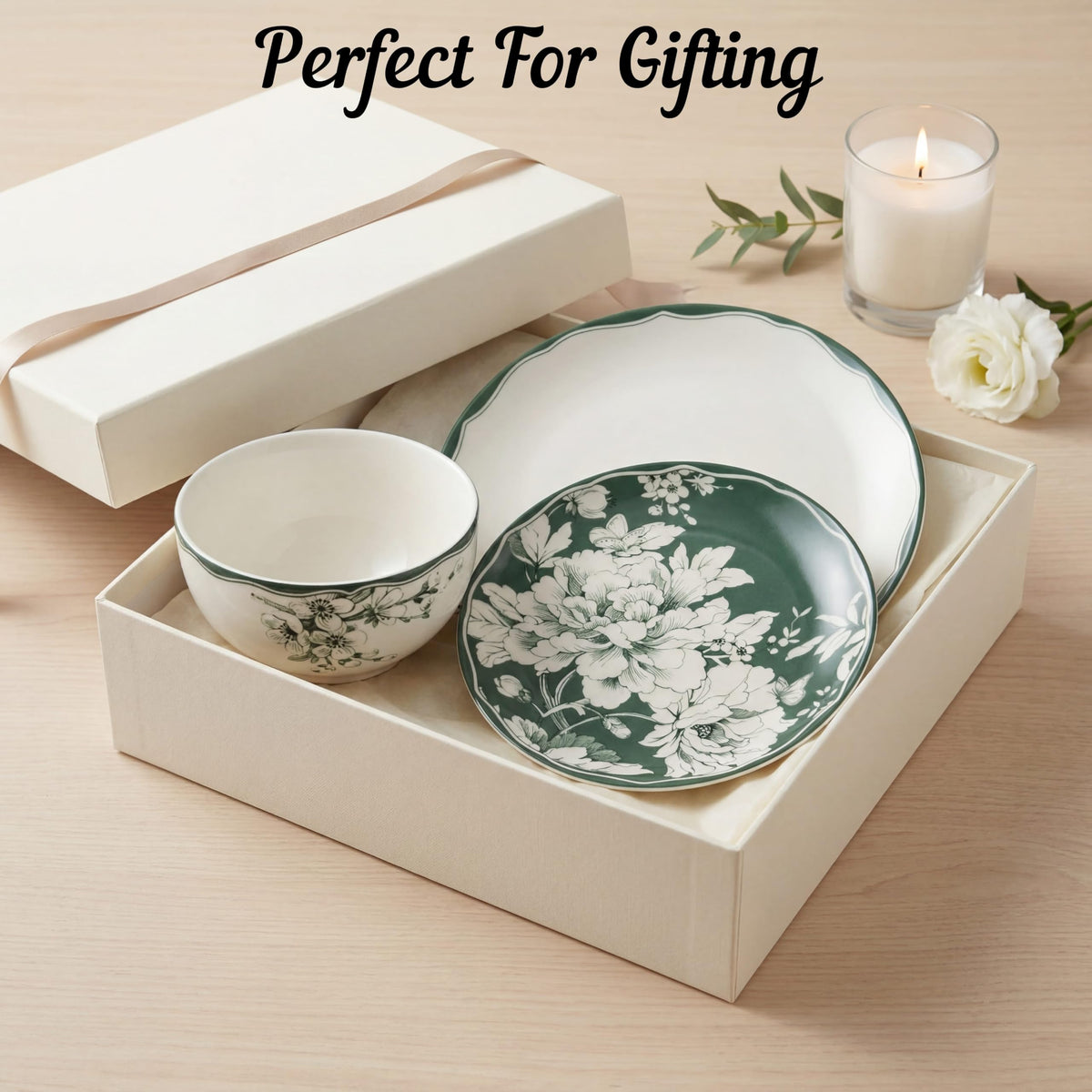 12-Piece Porcelain Dinnerware Set for 4, White & Sage Green Plates and Bowls Set D2707