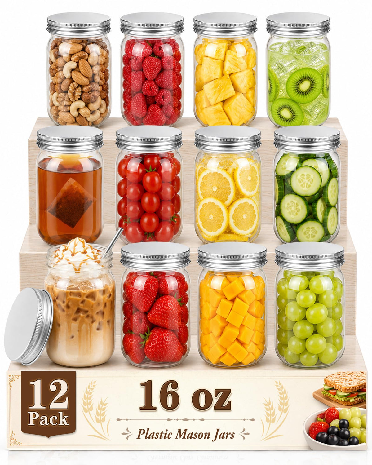 12 Pack 16 oz Clear Plastic Mason Jars with Lids P256