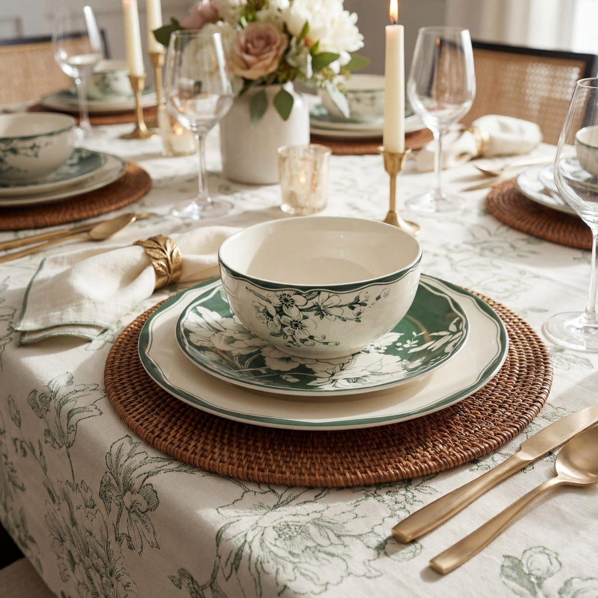 12-Piece Porcelain Dinnerware Set for 4, White & Sage Green Plates and Bowls Set D2707