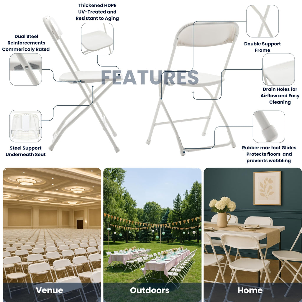 White Plastic Folding Chairs Set of 10 Steel Frame O2730