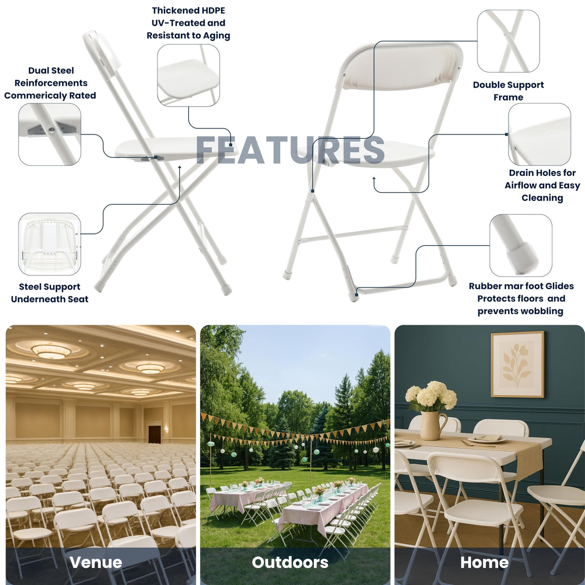 White Plastic Folding Chairs Set of 10 Steel Frame O2730