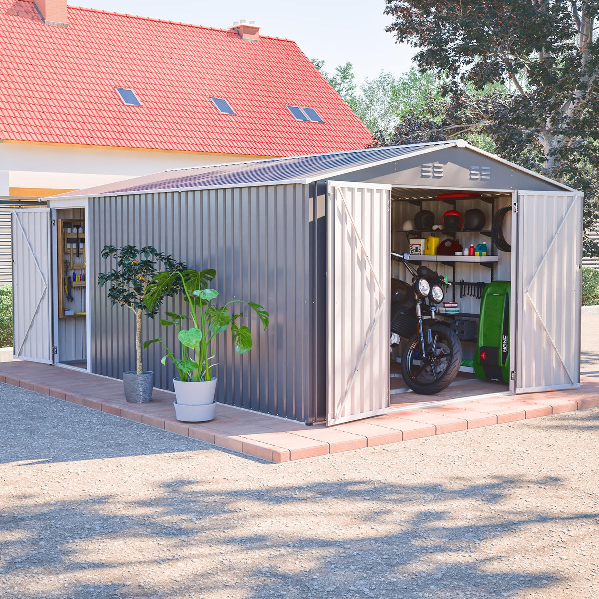 10x14 FT Waterproof Metal Storage Shed with 3 Lockable Doors T5259