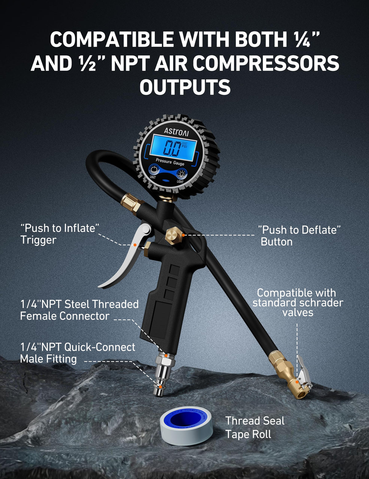 Digital Tire Pressure Gauge with Inflator 3-250 PSI V92791