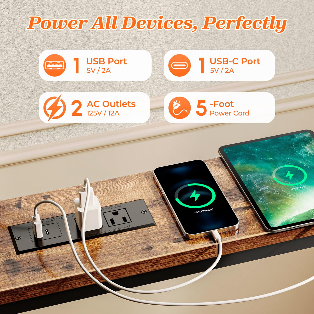 102 Inch Sofa Table with Power Outlets and USB-C Ports E87098